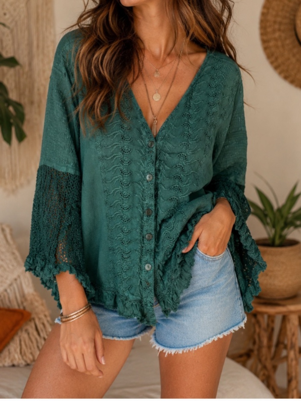My Choice Forest Green Lace-Trim Button Down Boho Flare Sleeve Blouse